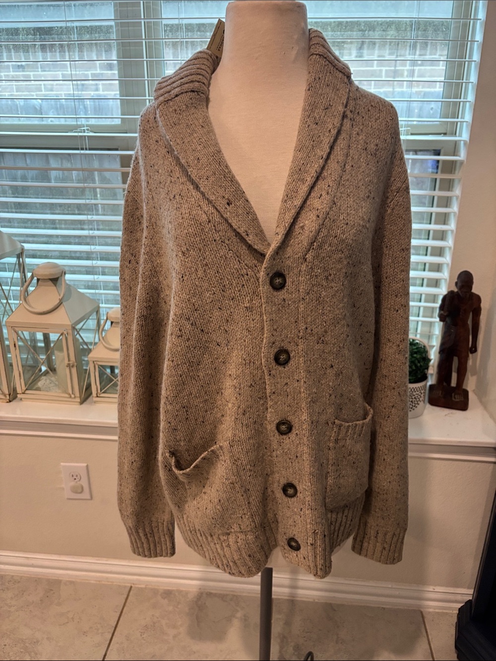Men's Shawl Collar Button-Up Sweater Cardigan - Beige Speckled Hagger sweater
